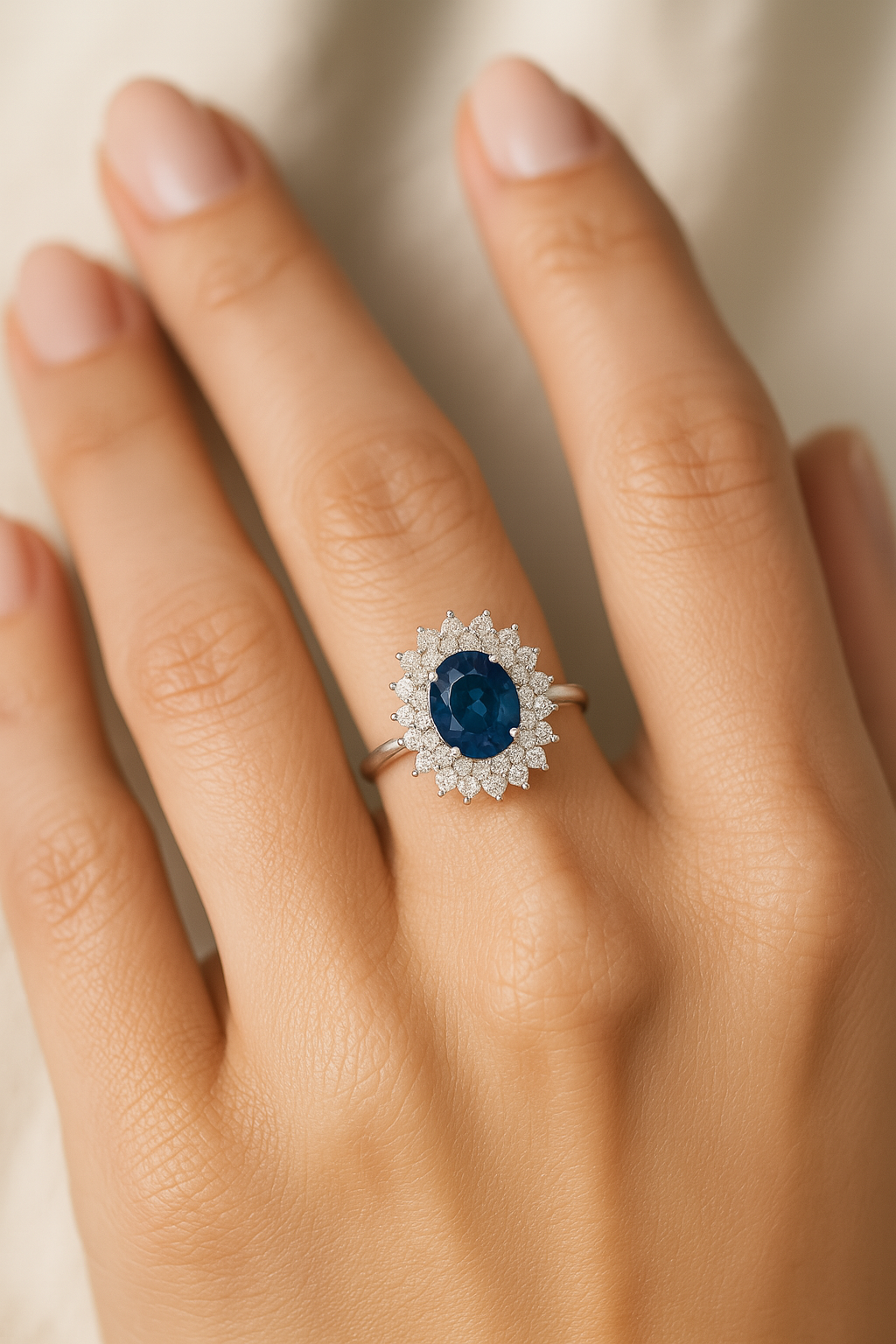 Royal Blue Sapphire Halo Ring – Oval Sapphire (7x5 mm) with Double Diamond Layers