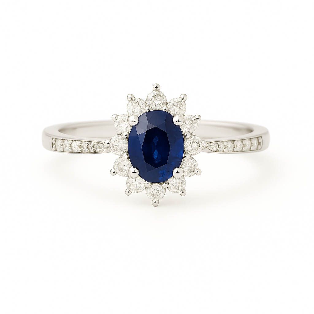 Oval Sapphire (5x4mm) Ring with Pointed Diamond Halo and Band Accents
