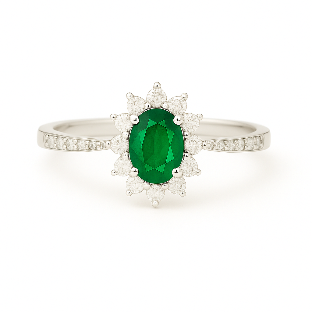 Oval Emerald (5x4mm) Ring with Pointed Diamond Halo and Diamond-Set Band