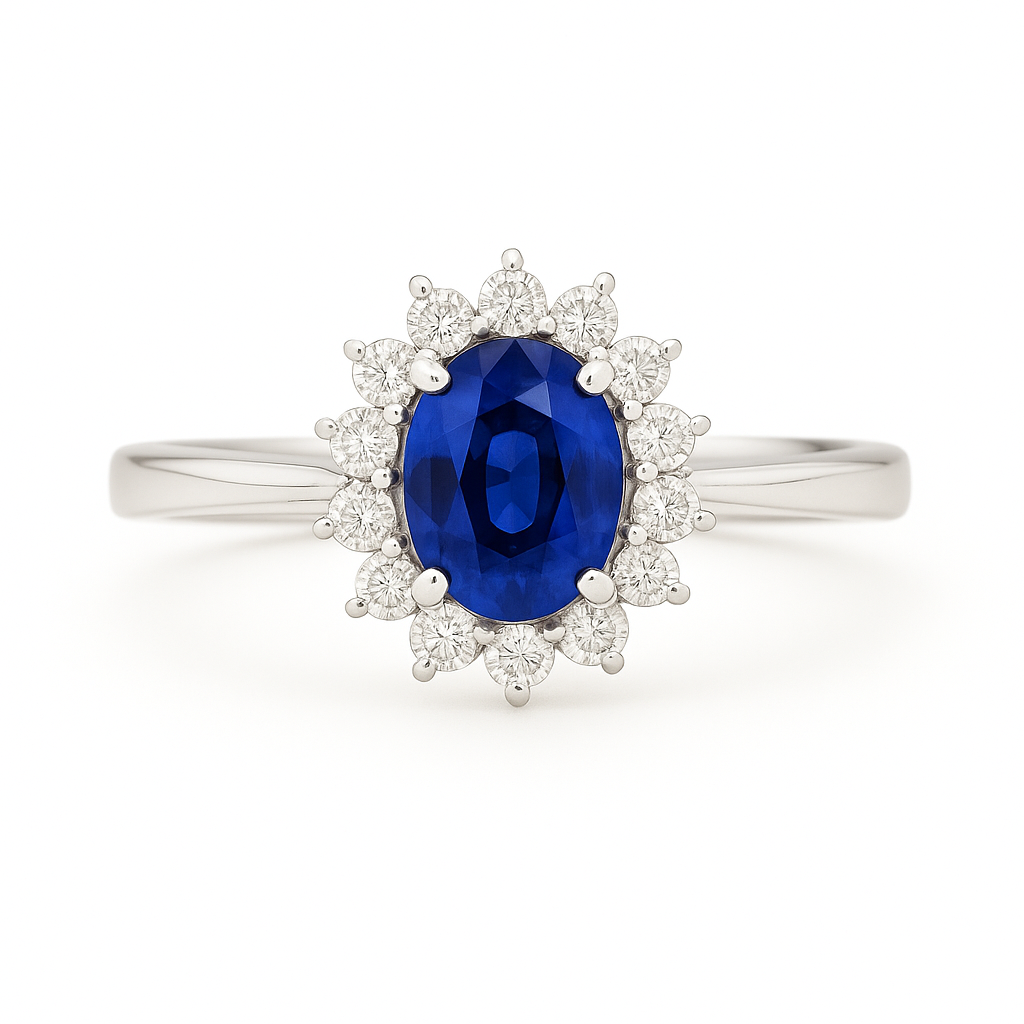 Oval Sapphire (7x5 mm) ring with Pointed Diamond Halo