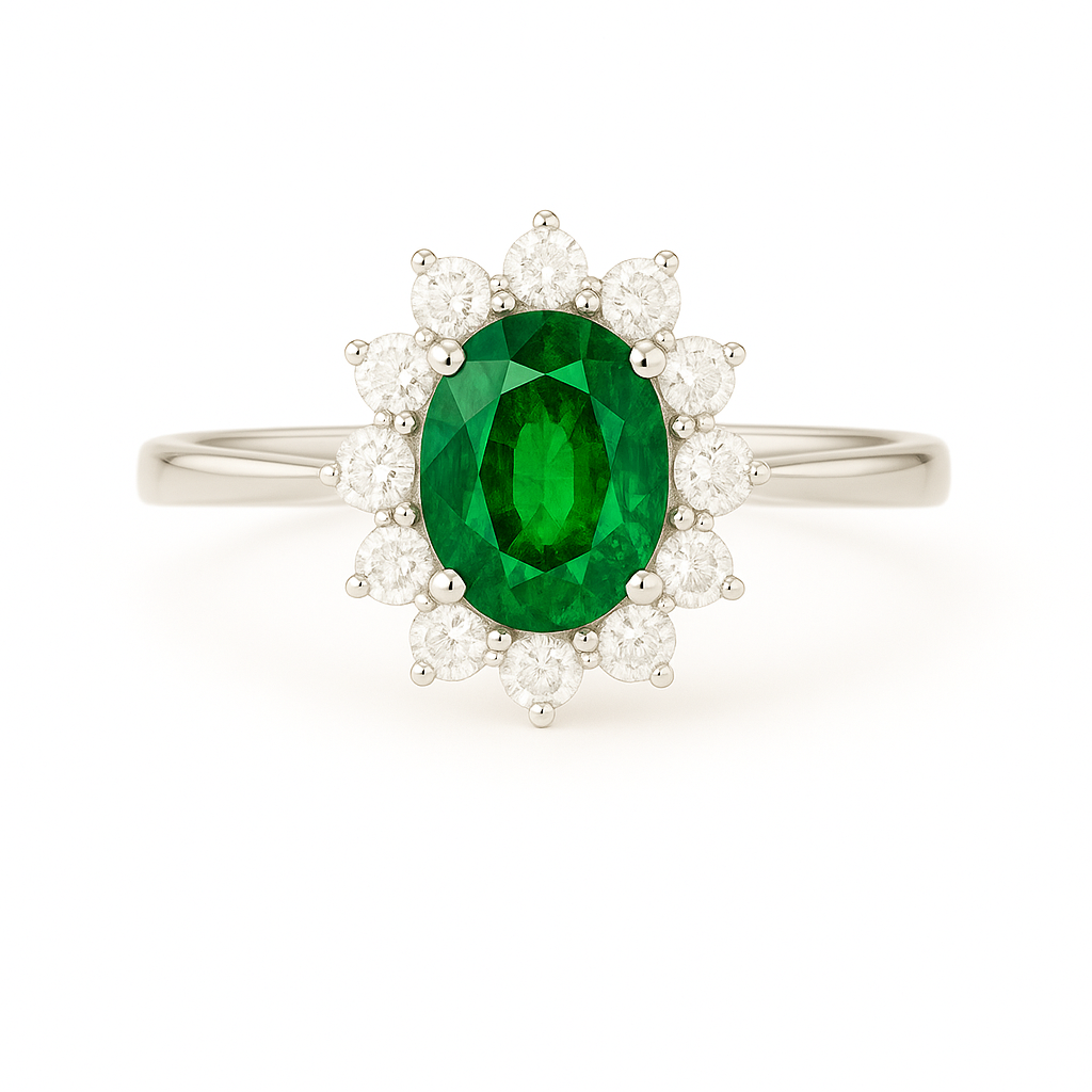 Oval Emerald (7x5 mm) ring with Pointed Diamond Halo