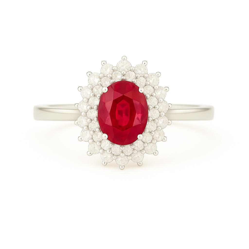Regal Ruby Halo Ring – Oval Ruby (7x5 mm) with Double Diamond Layers