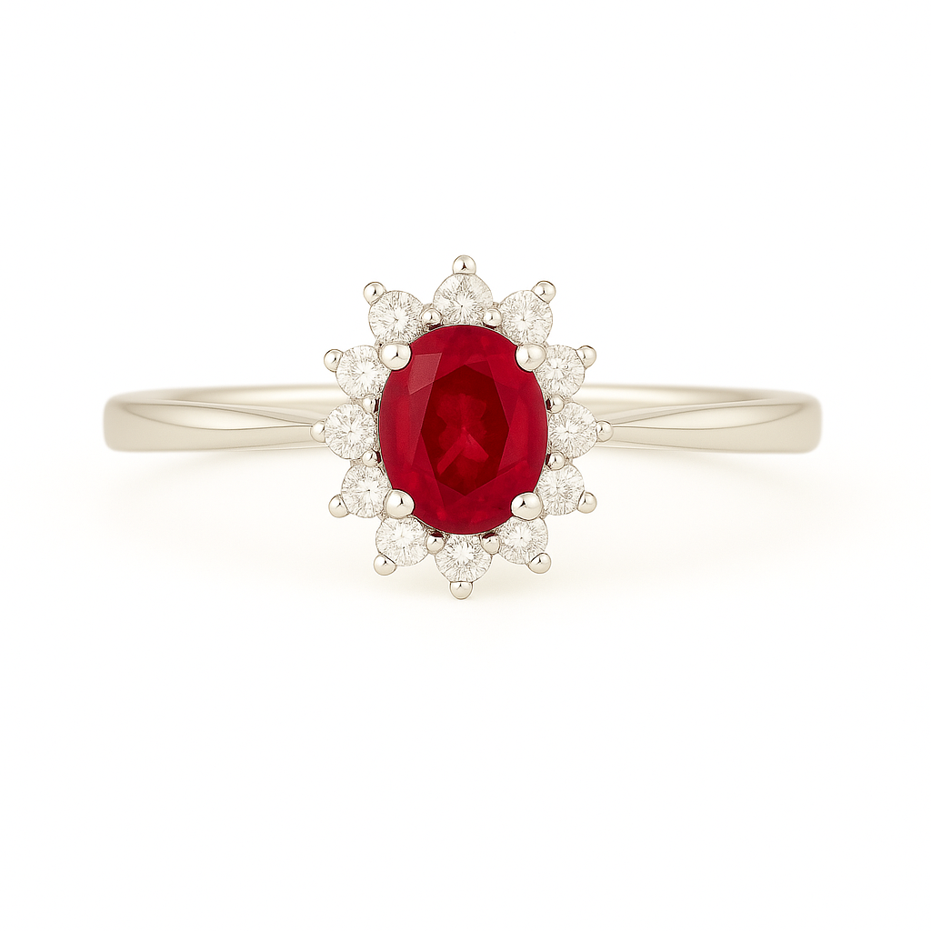 Petite Oval Ruby Ring – 5x4 mm with Pointed Diamond Halo