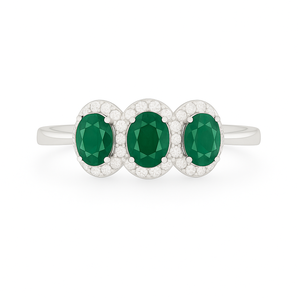 Triple Emerald Halo Ring – Oval 5x4 mm with Diamond Accents