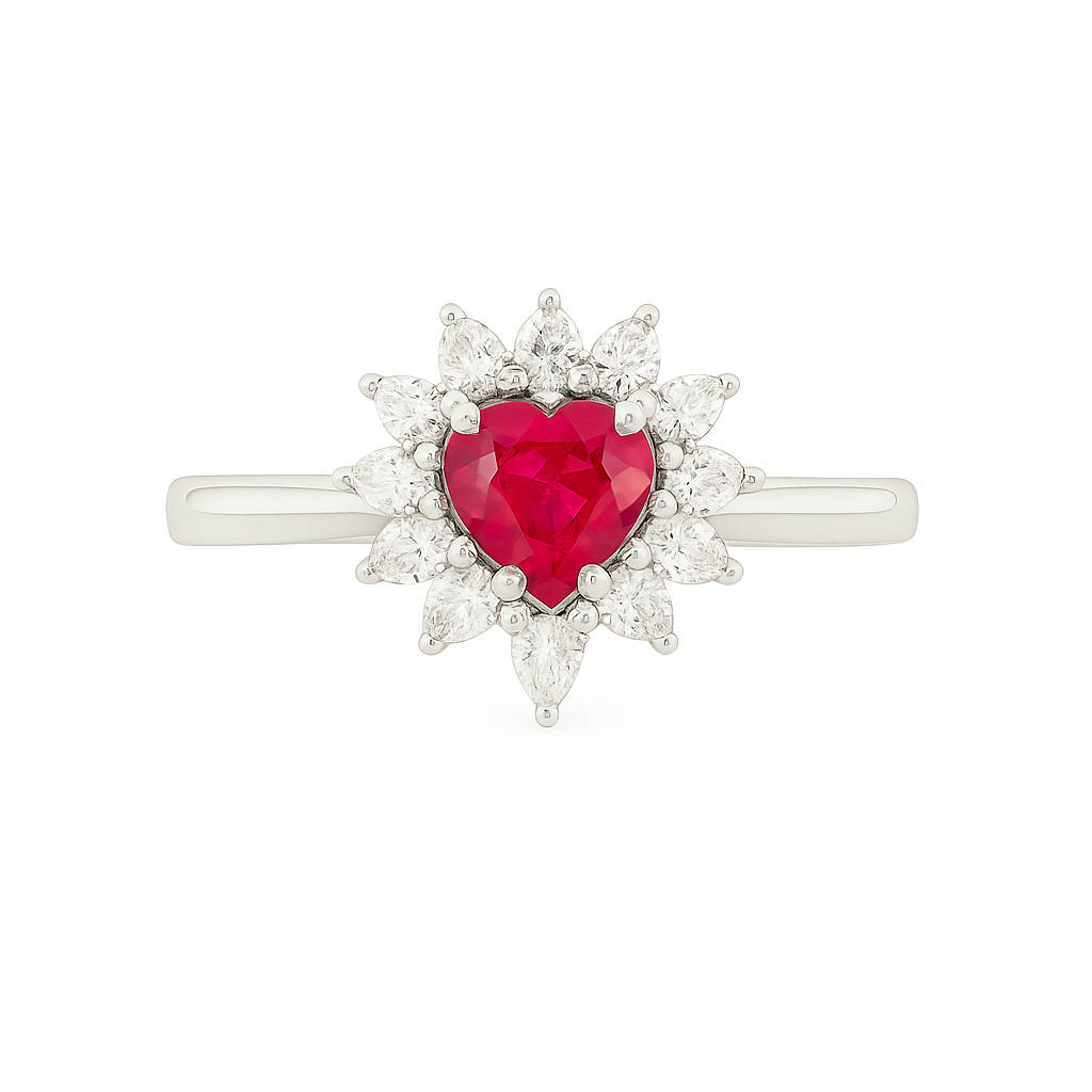 Petite Heart-Shaped Ruby Ring with Pointed Diamond Halo – 2mm