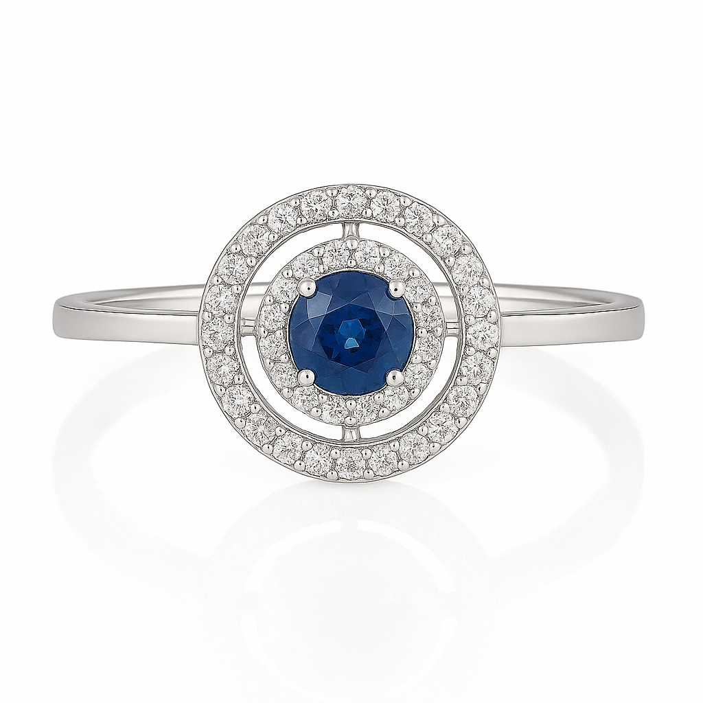 Round Blue Sapphire Ring with Double Diamond Halo