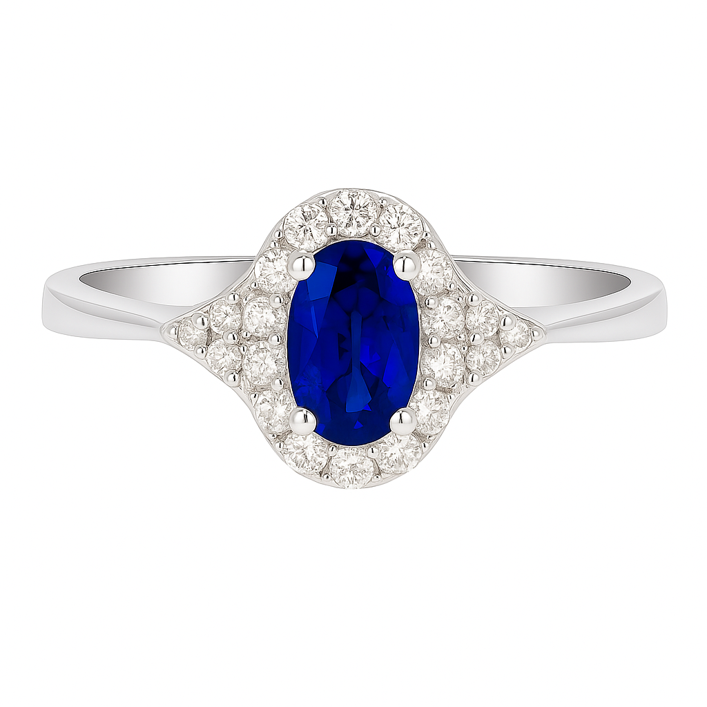 Oval Sapphire (6x4mm) Ring with Diamond Halo and Side Accents