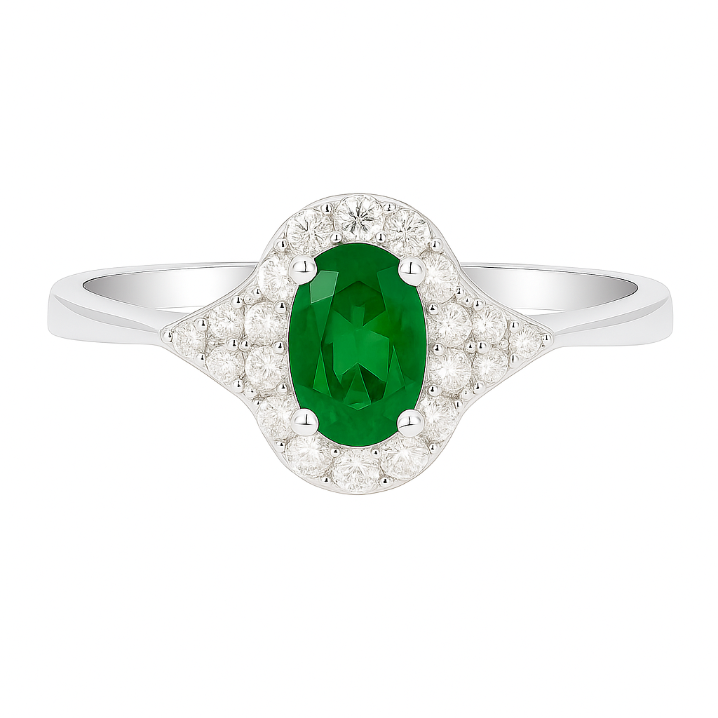 Oval Emerald (6x4mm) Ring with Diamond Halo and Side Accents