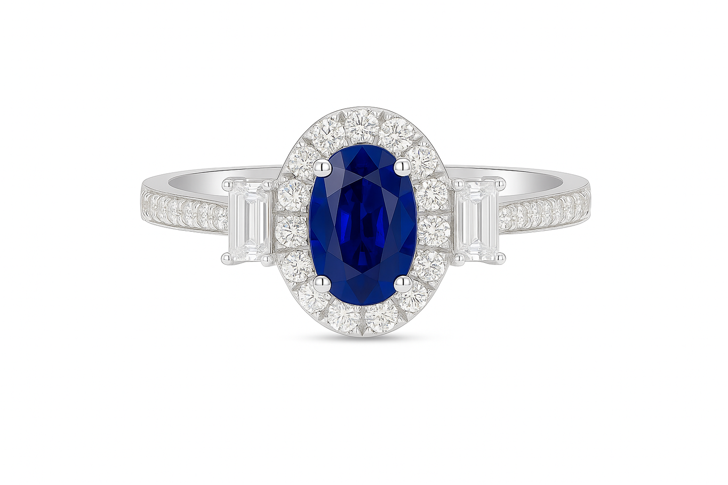 Oval Sapphire (7x5mm) Ring with Diamond Halo and Baguette Accents