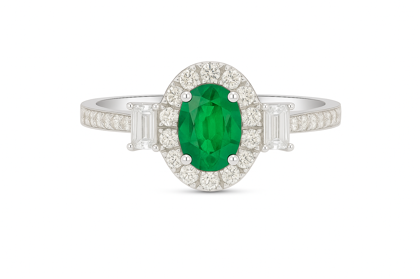 Oval Emerald (7x5mm) Ring with Diamond Halo and Side Baguette Accents