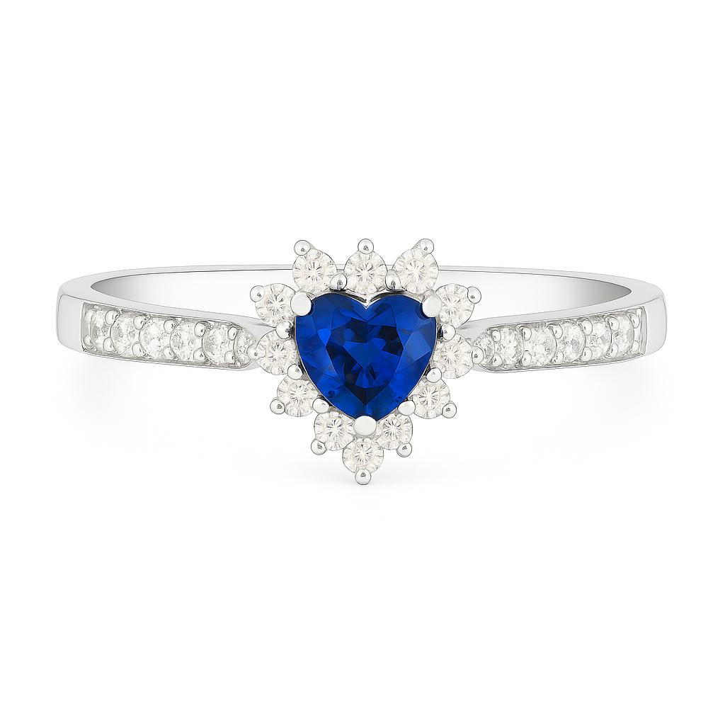 Heart-Shaped Blue Sapphire Ring with Diamond Halo and Band