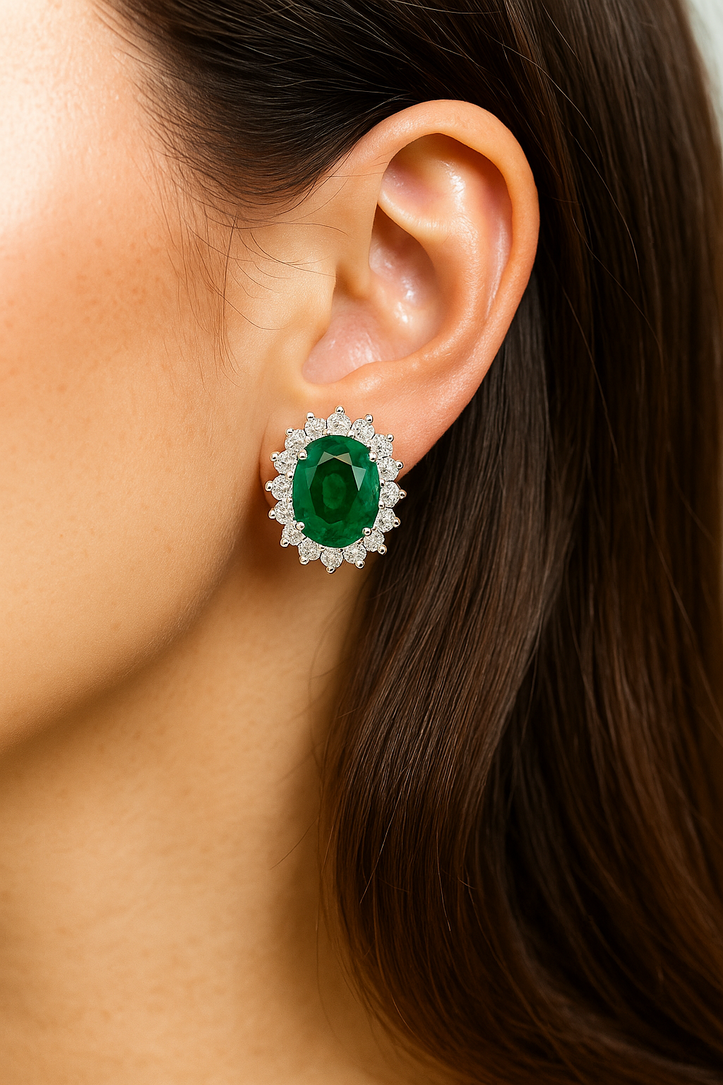 Oval-Cut Emerald & Diamond Halo Earrings (8 x 6 mm)