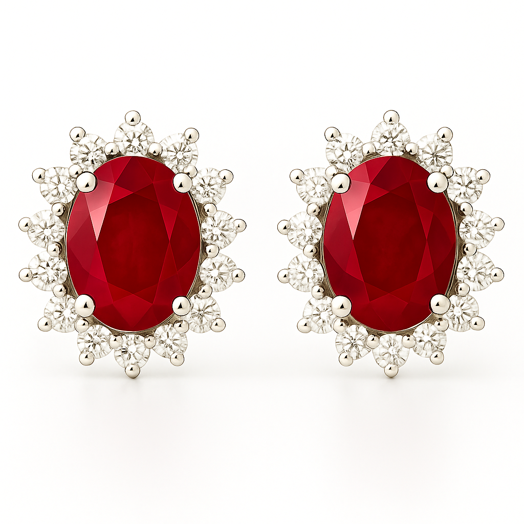 Oval-Cut Ruby & Diamond Halo Earrings (5 x 4 mm)