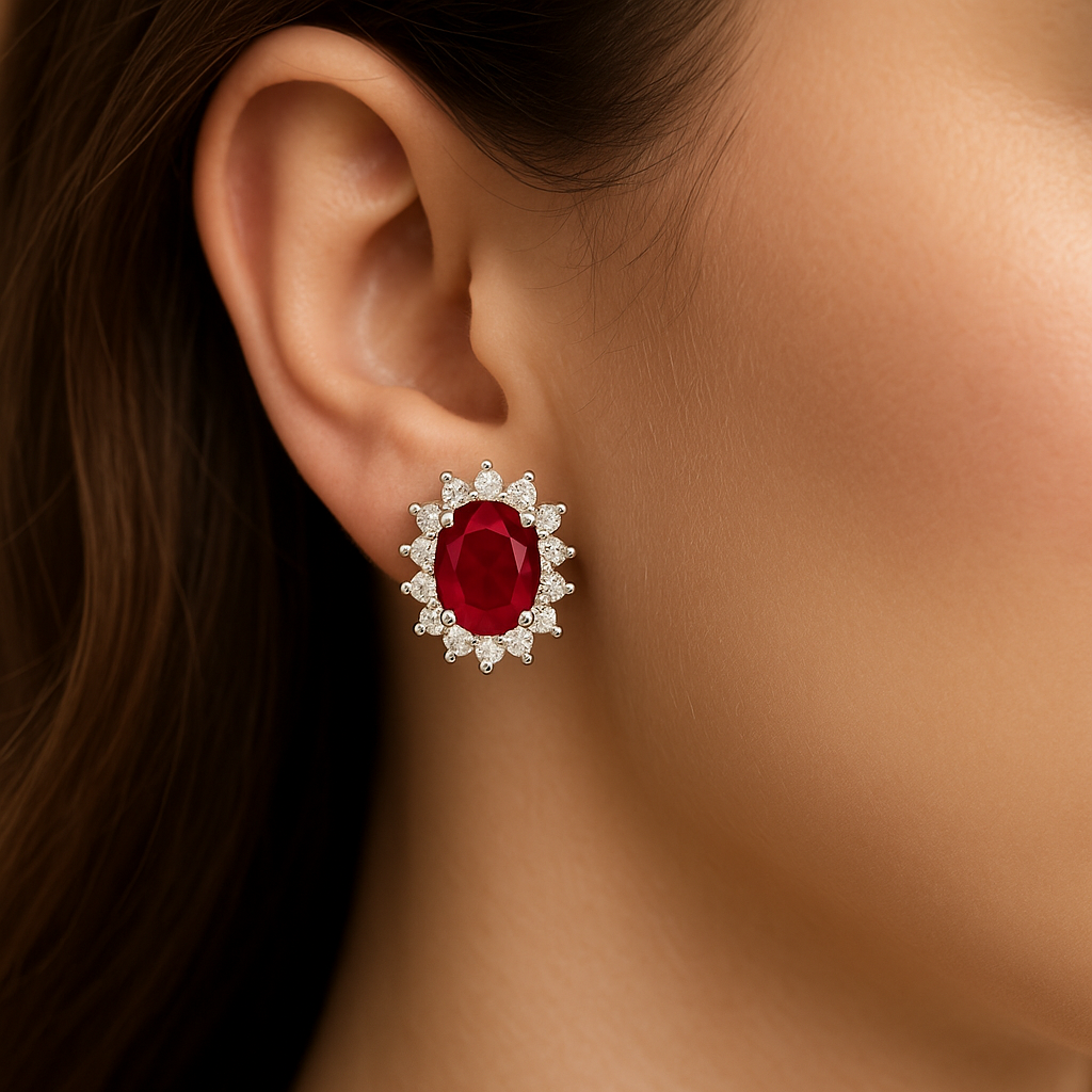 Oval-Cut Ruby & Diamond Halo Earrings (5 x 4 mm)