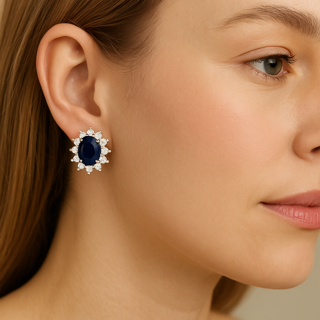 Oval-Cut Sapphire & Diamond Halo Earrings (5 x 4 mm)