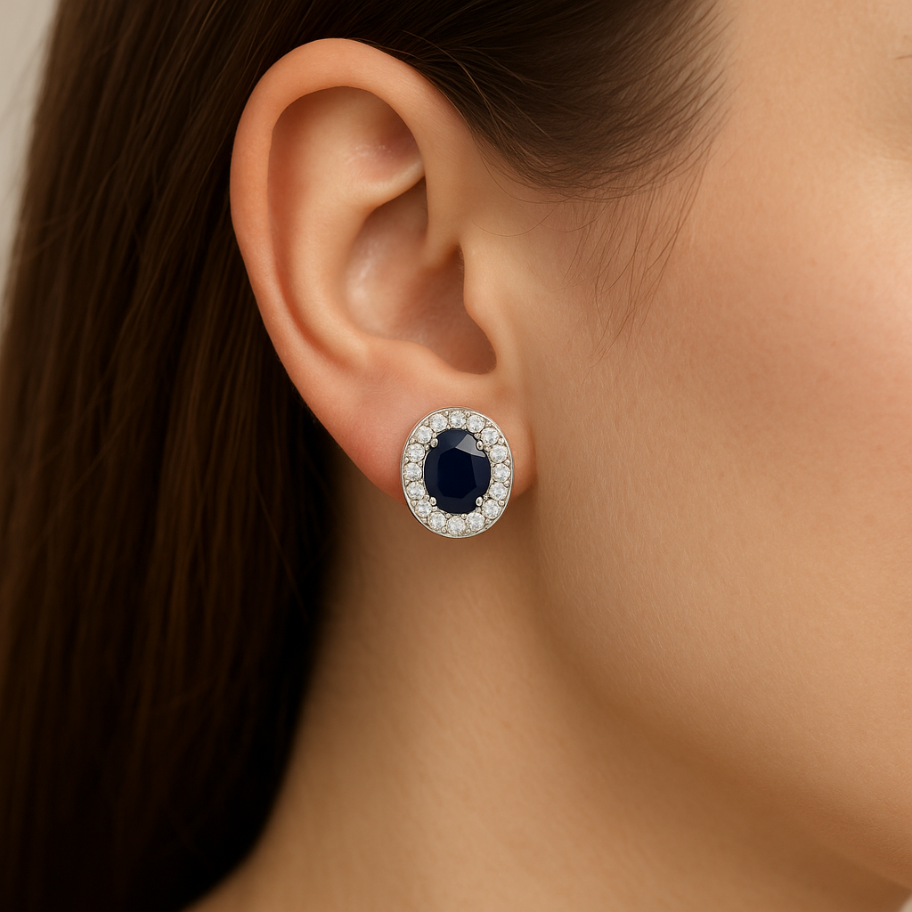 Oval-Cut Sapphire & Diamond Halo Stud Earrings (5x4 mm)