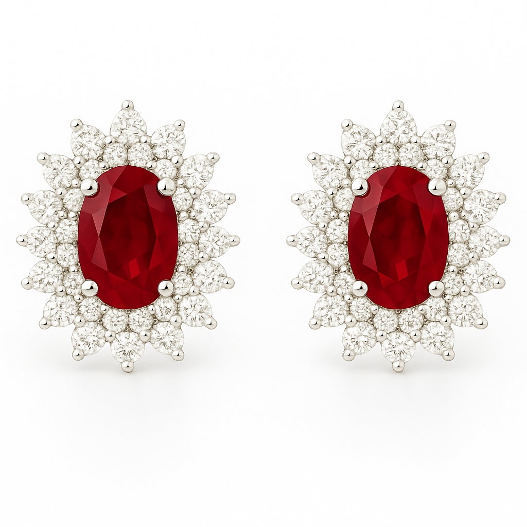 Oval-Cut Ruby Earrings with Double Diamond Halo (5 x 4 mm)