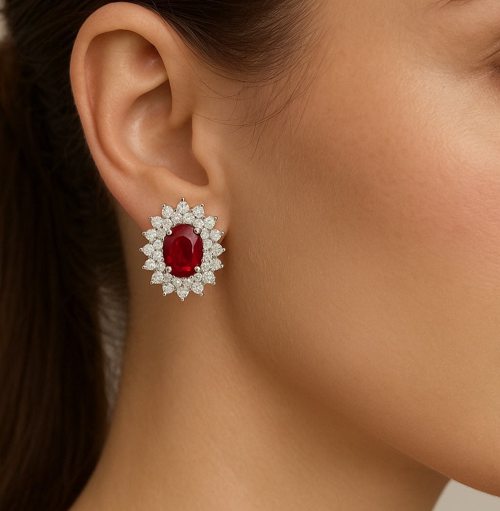 Oval-Cut Ruby Earrings with Double Diamond Halo (5 x 4 mm)