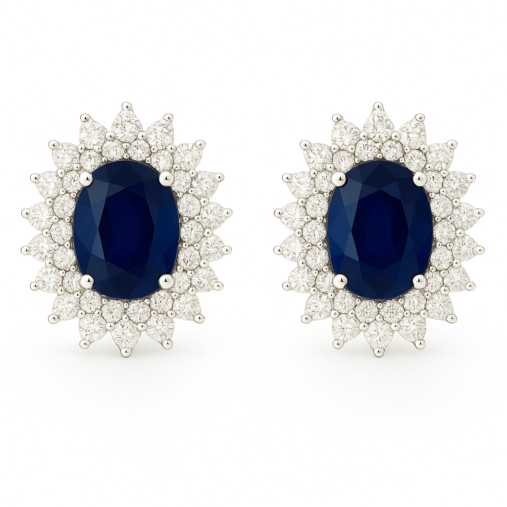 Oval-Cut Sapphire Earrings with Double Halo of Pointed Diamonds (5 x 4 mm)