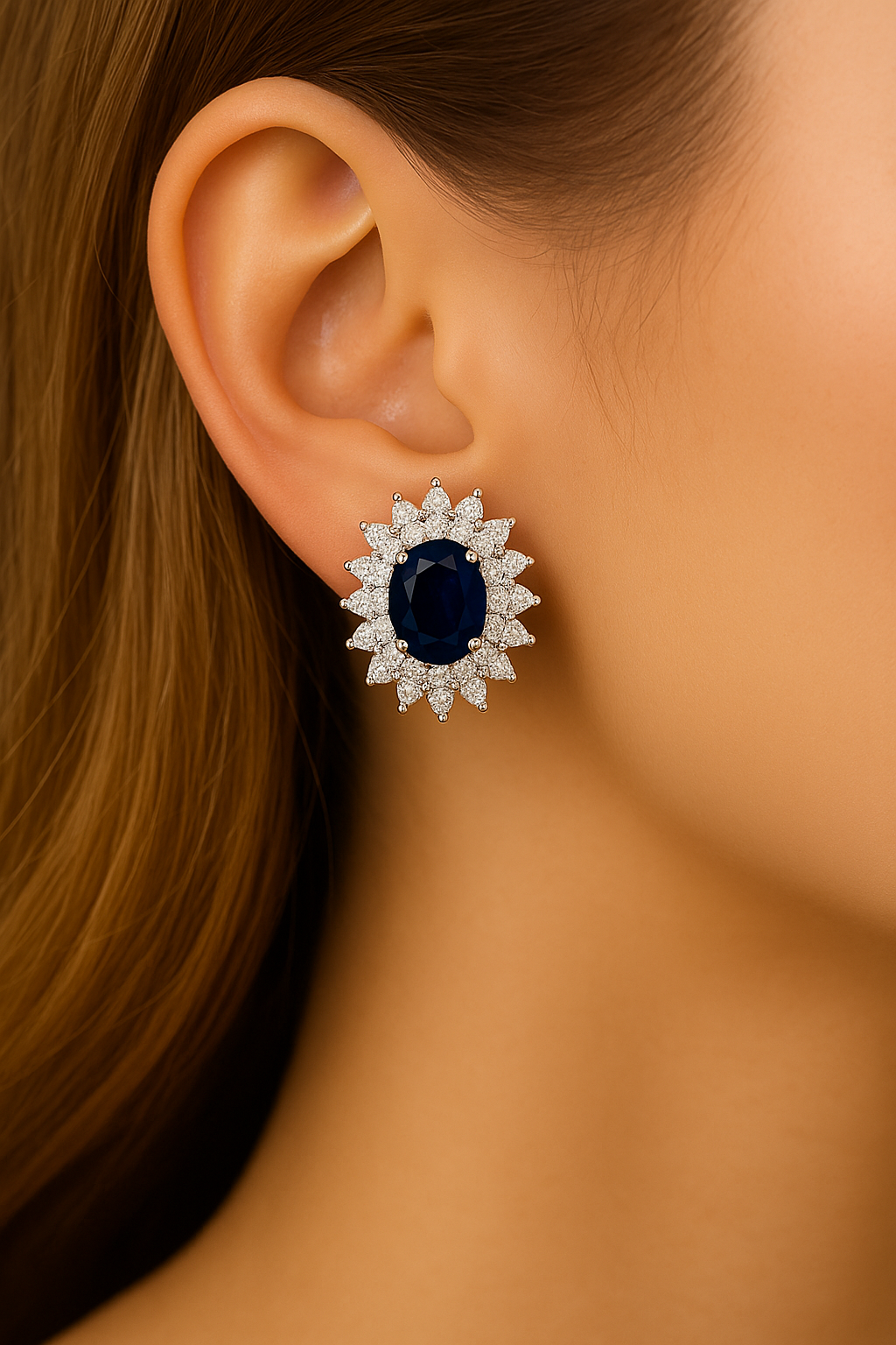 Oval-Cut Sapphire Earrings with Double Halo of Pointed Diamonds (5 x 4 mm)
