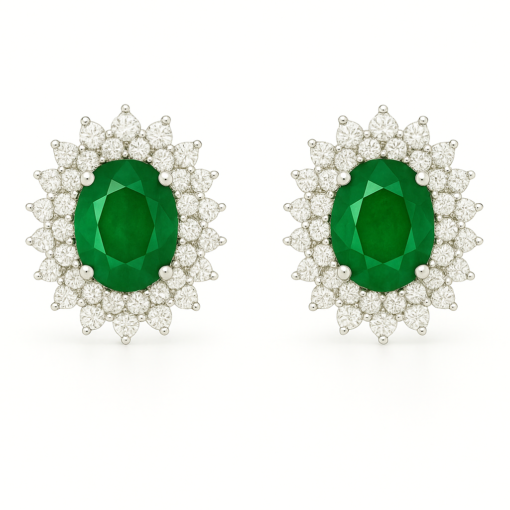 Oval-Cut Emerald Earrings with Double Halo of Pointed Diamonds (5 x 4 mm)