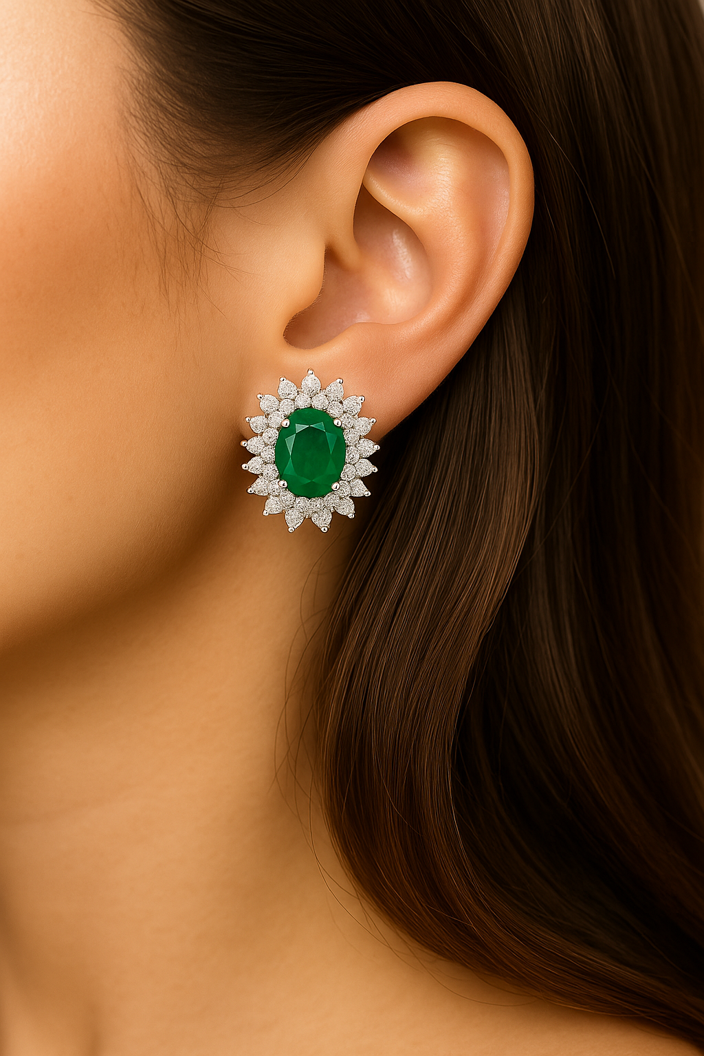 Oval-Cut Emerald Earrings with Double Halo of Pointed Diamonds (5 x 4 mm)