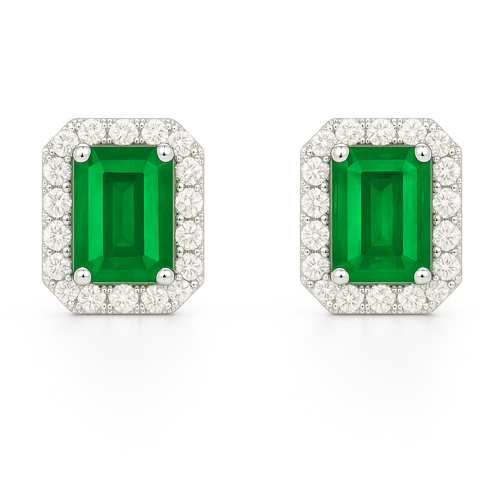 Emerald-Cut Emerald Earrings with Diamond Halo (6x4mm)