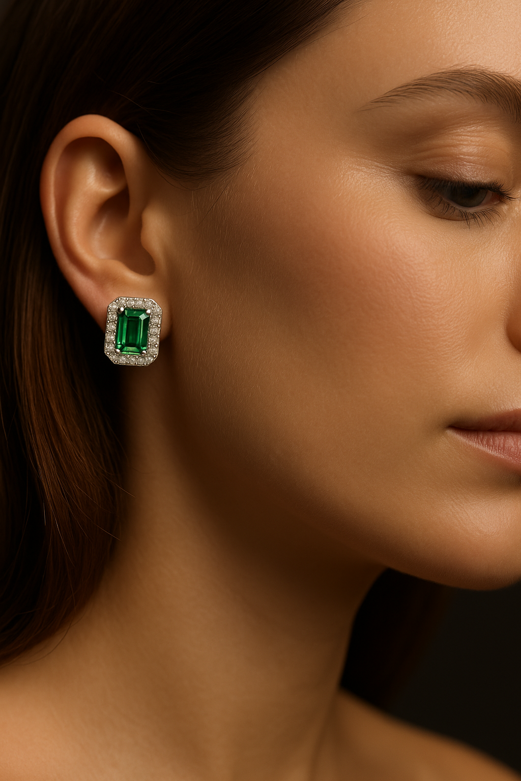 Emerald-Cut Emerald Earrings with Diamond Halo (6x4mm)