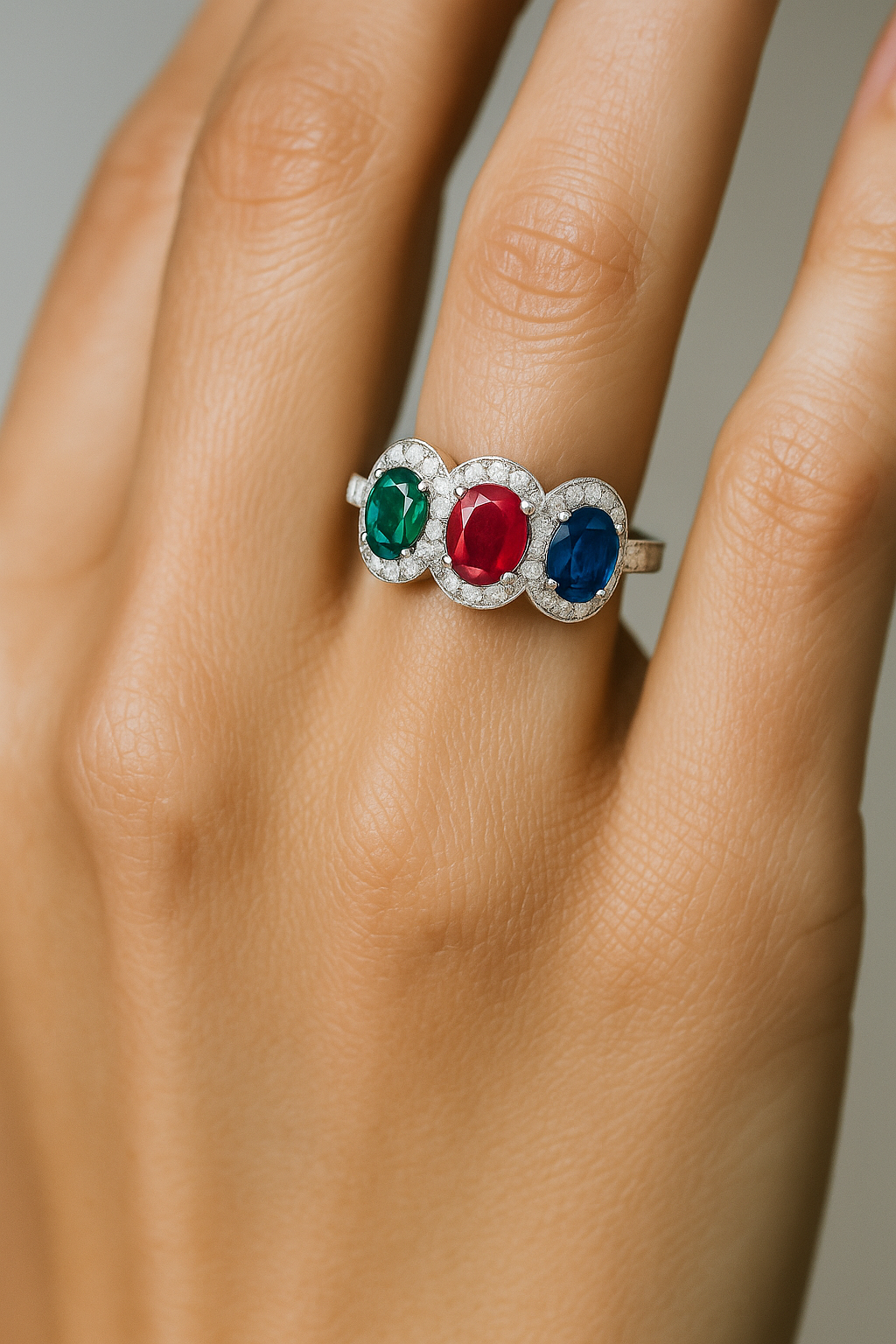 Tri-Color Oval Gemstone ring (7x5 mm) with Diamond Halo