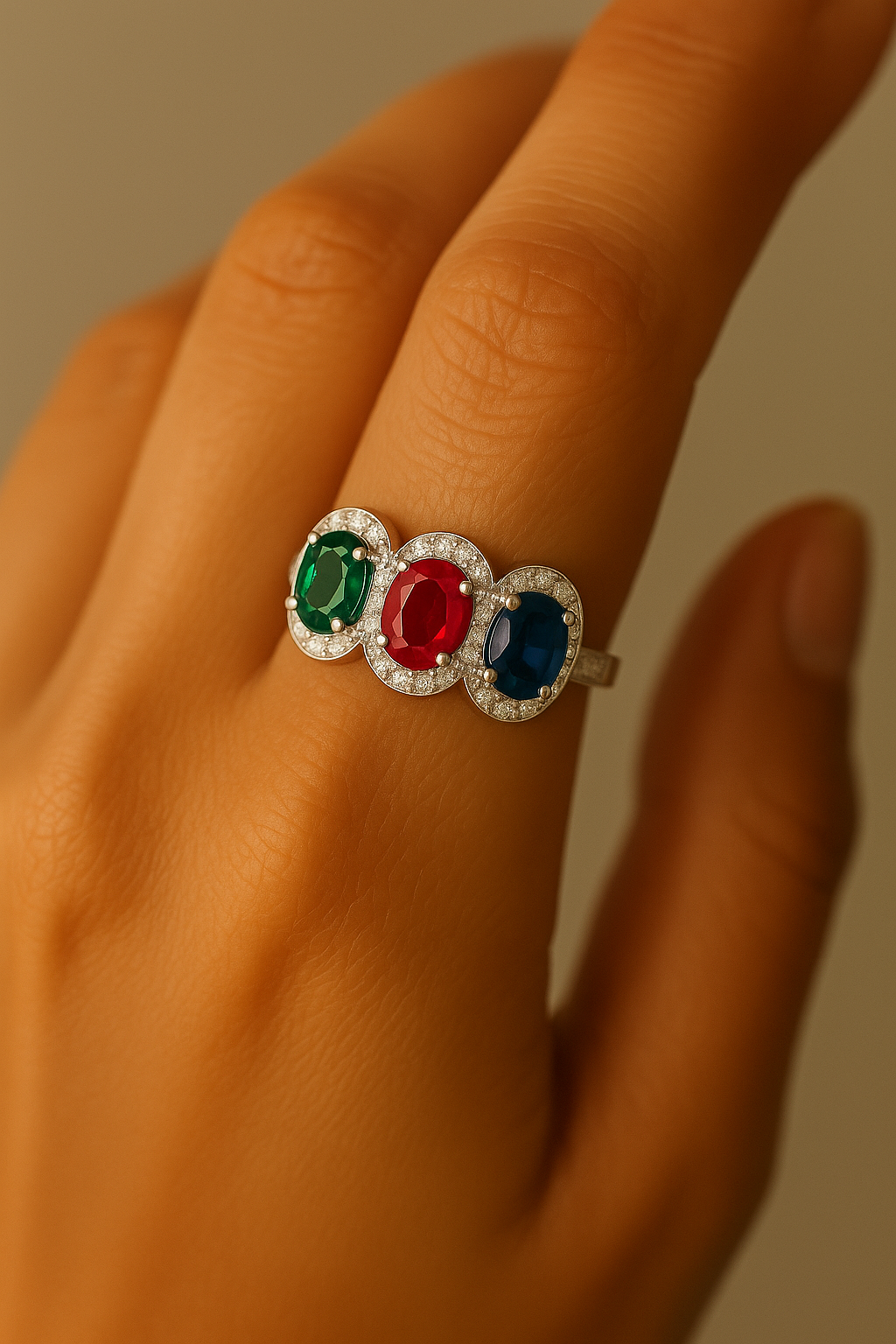 Tri-Color Oval Gemstone ring (7x5 mm) with Diamond Halo