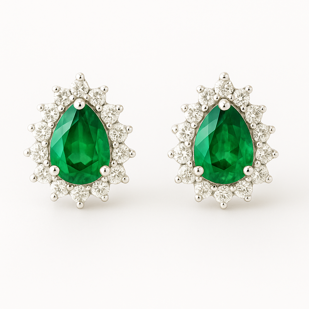 Pear-Shaped Emerald Earrings with Diamond Halo (7x5mm)