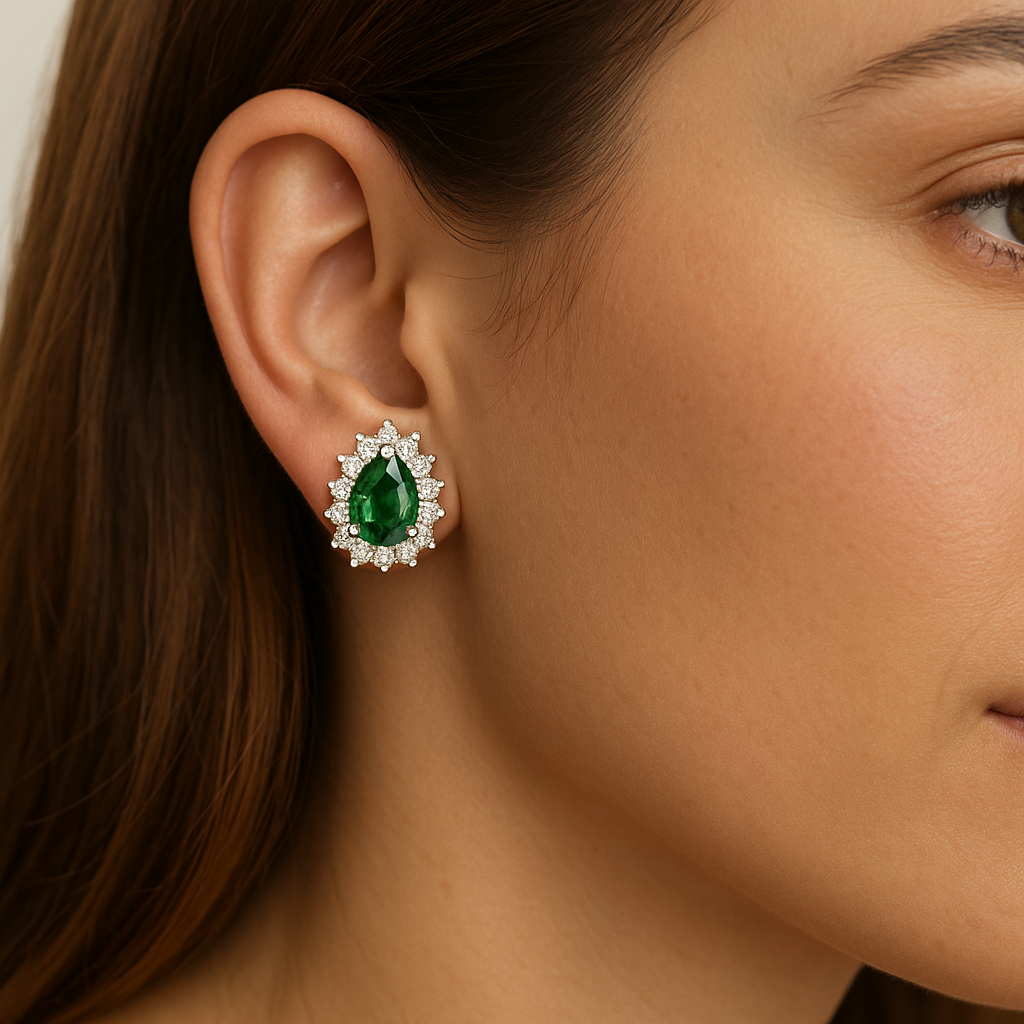 Pear-Shaped Emerald Earrings with Diamond Halo (7x5mm)