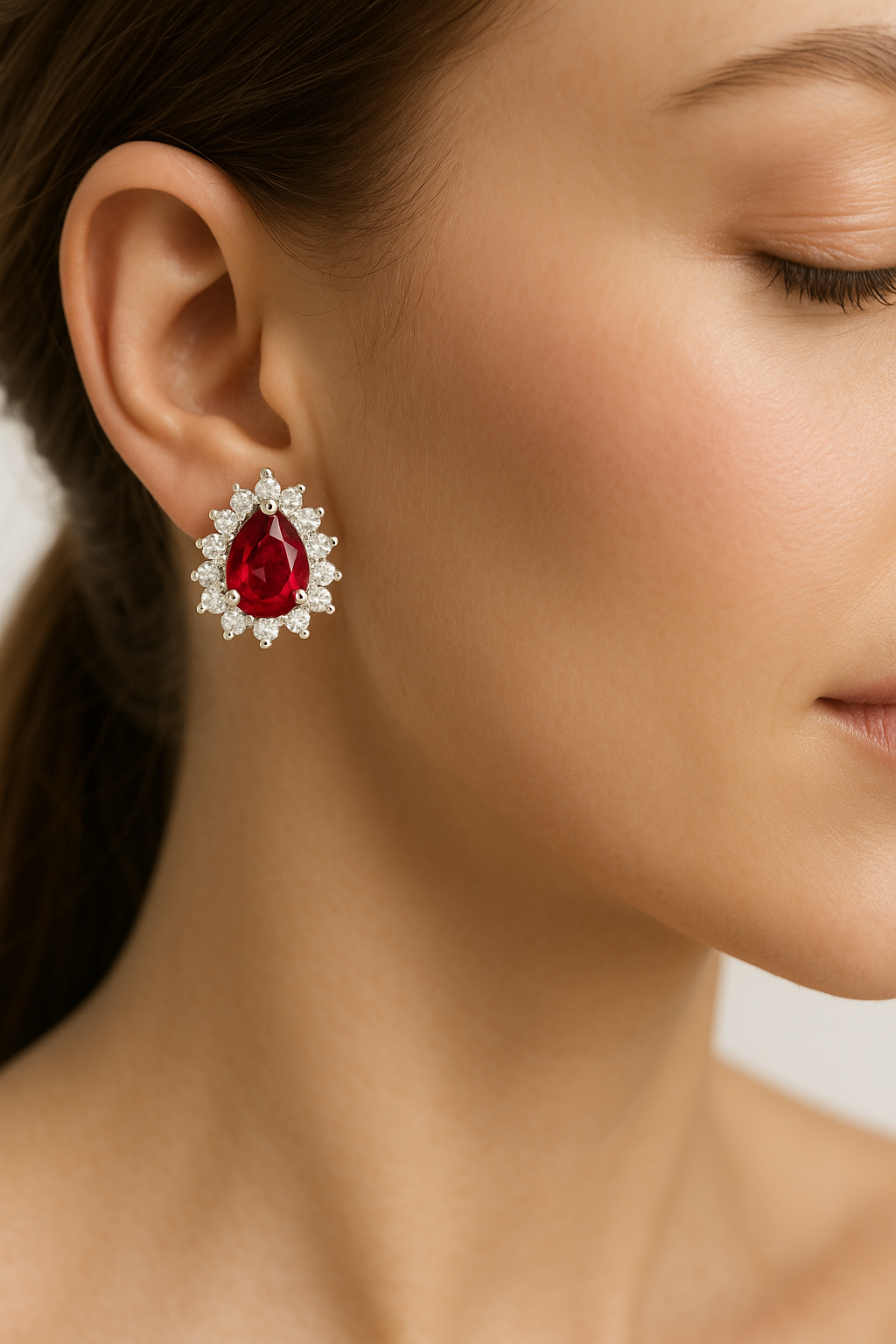 Pear-Shaped Ruby Earrings with Diamond Halo (7x5mm)