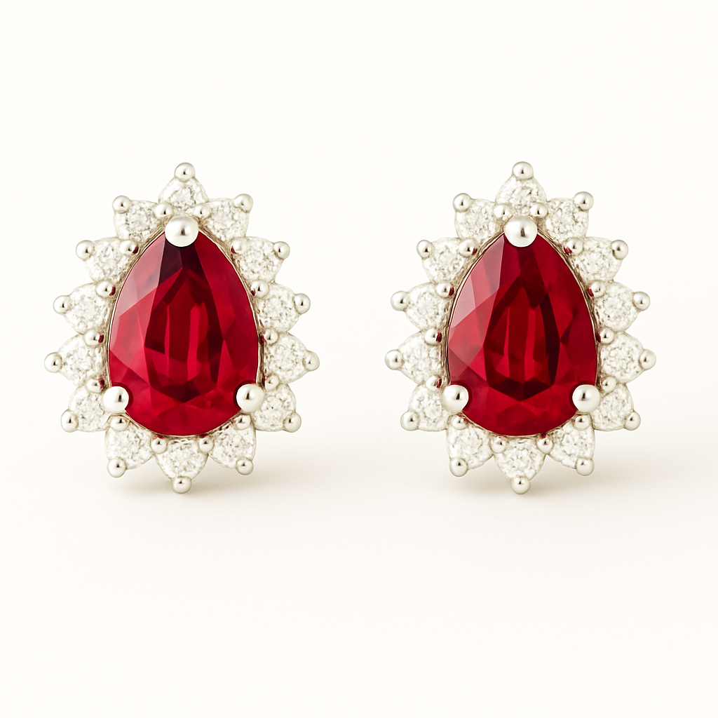 Pear-Shaped Ruby Earrings with Diamond Halo (7x5mm)