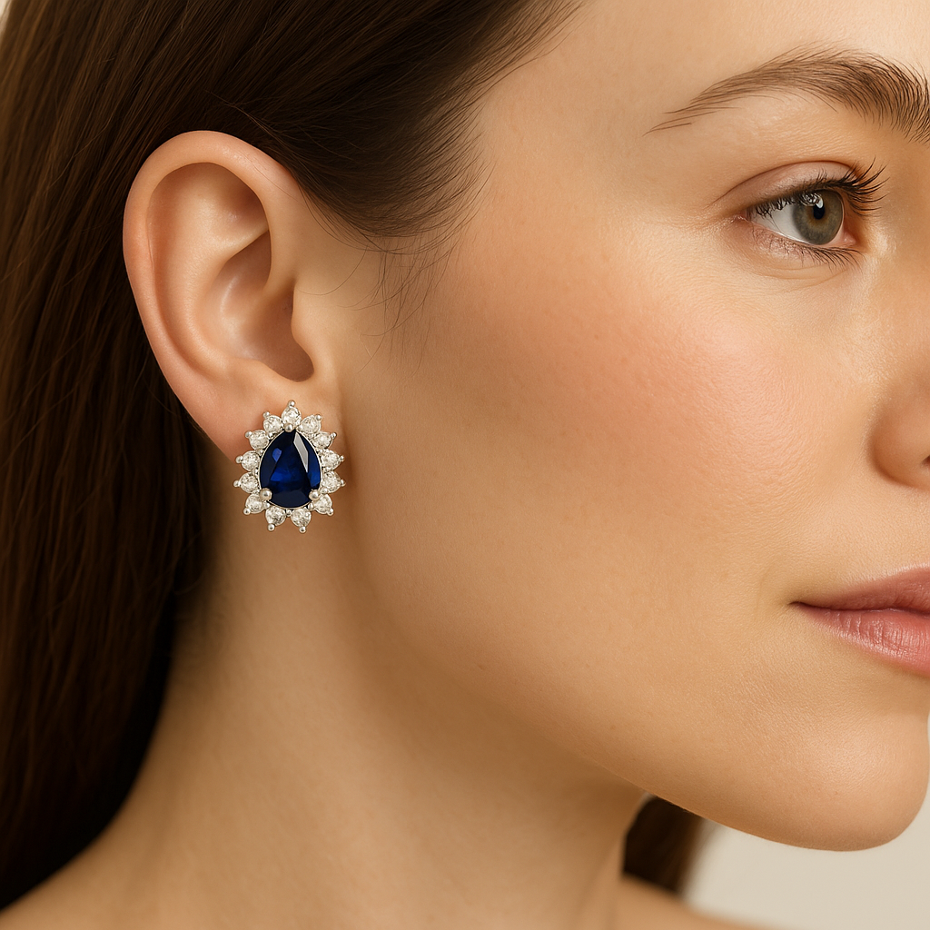 Pear-Shaped Sapphire Earrings with Diamond Halo (7x5mm)