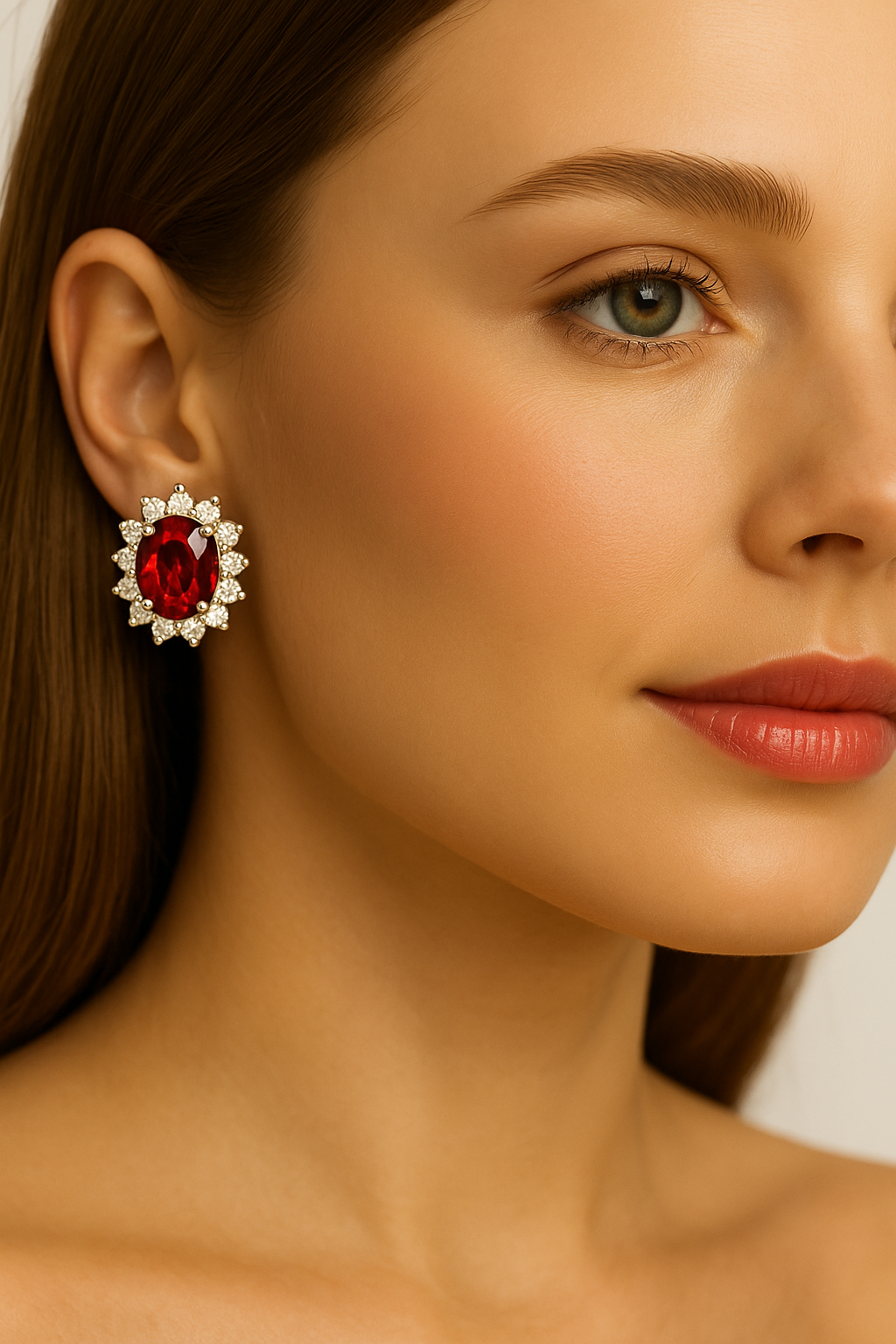 Oval-Shaped Ruby Earrings with Diamond Halo (7x5mm)