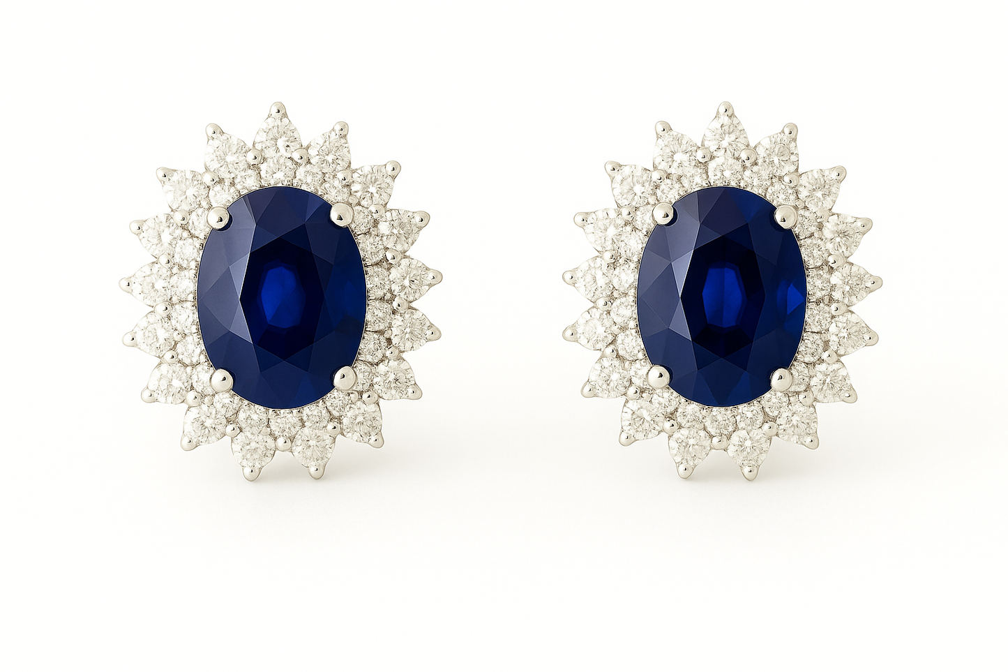 Oval-Shaped Sapphire Earrings with Double Halo of Pointed Diamonds (7x5mm)