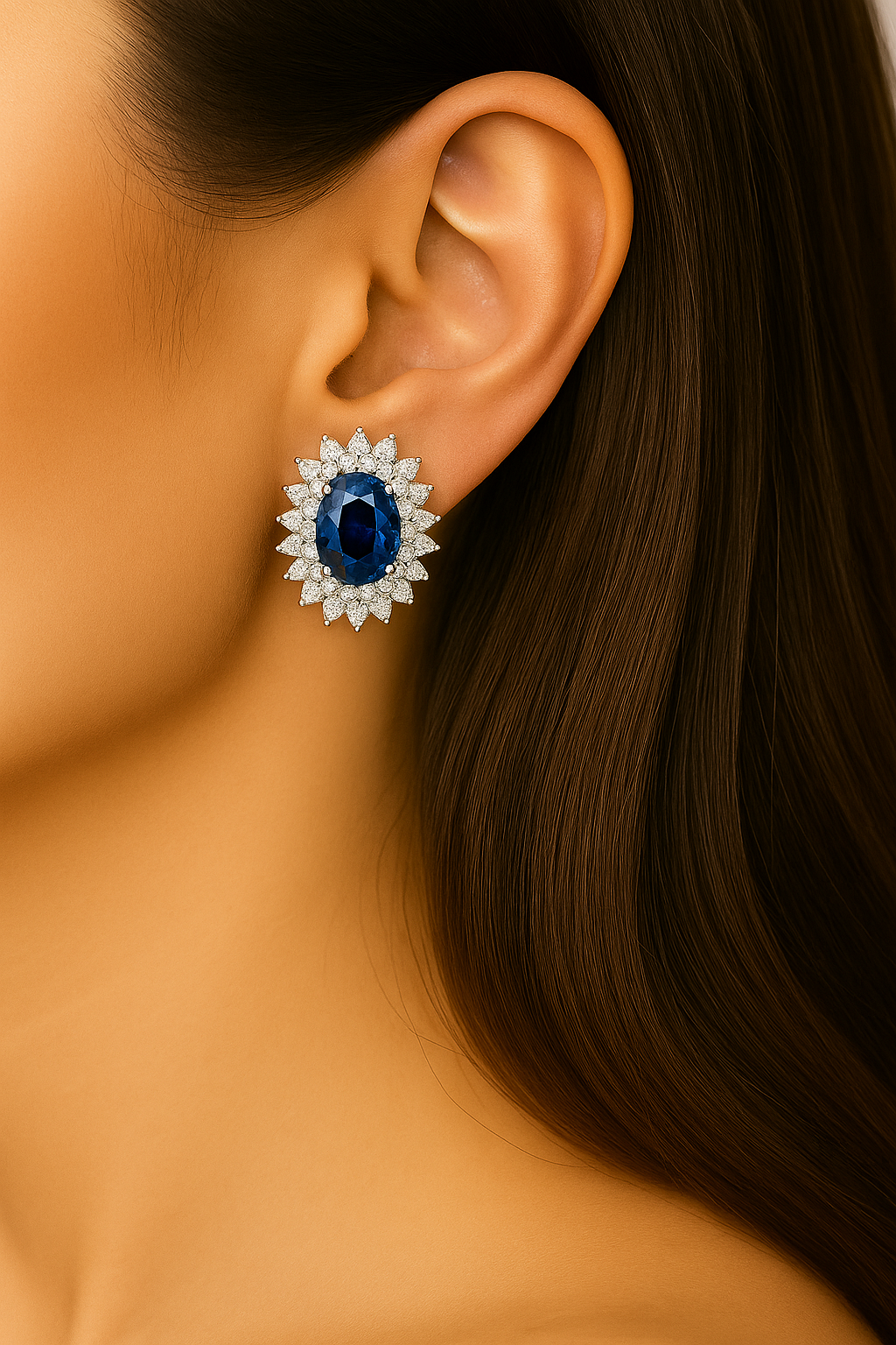 Oval-Shaped Sapphire Earrings with Double Halo of Pointed Diamonds (7x5mm)
