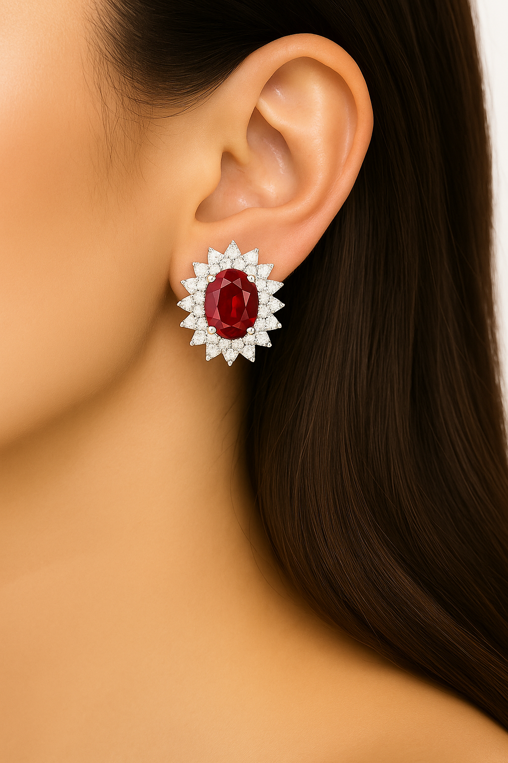 Oval Ruby Earrings with Double Halo of Pointed Diamonds (7x5mm)