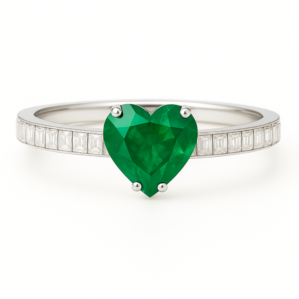 Heart-Shaped Emerald Ring with Square Diamond Accent – 4mm