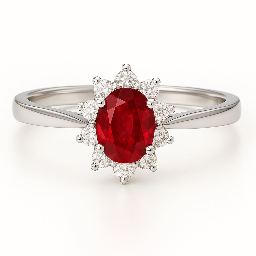 Oval-Shaped Ruby Halo Ring with Pointed Diamond Accents
