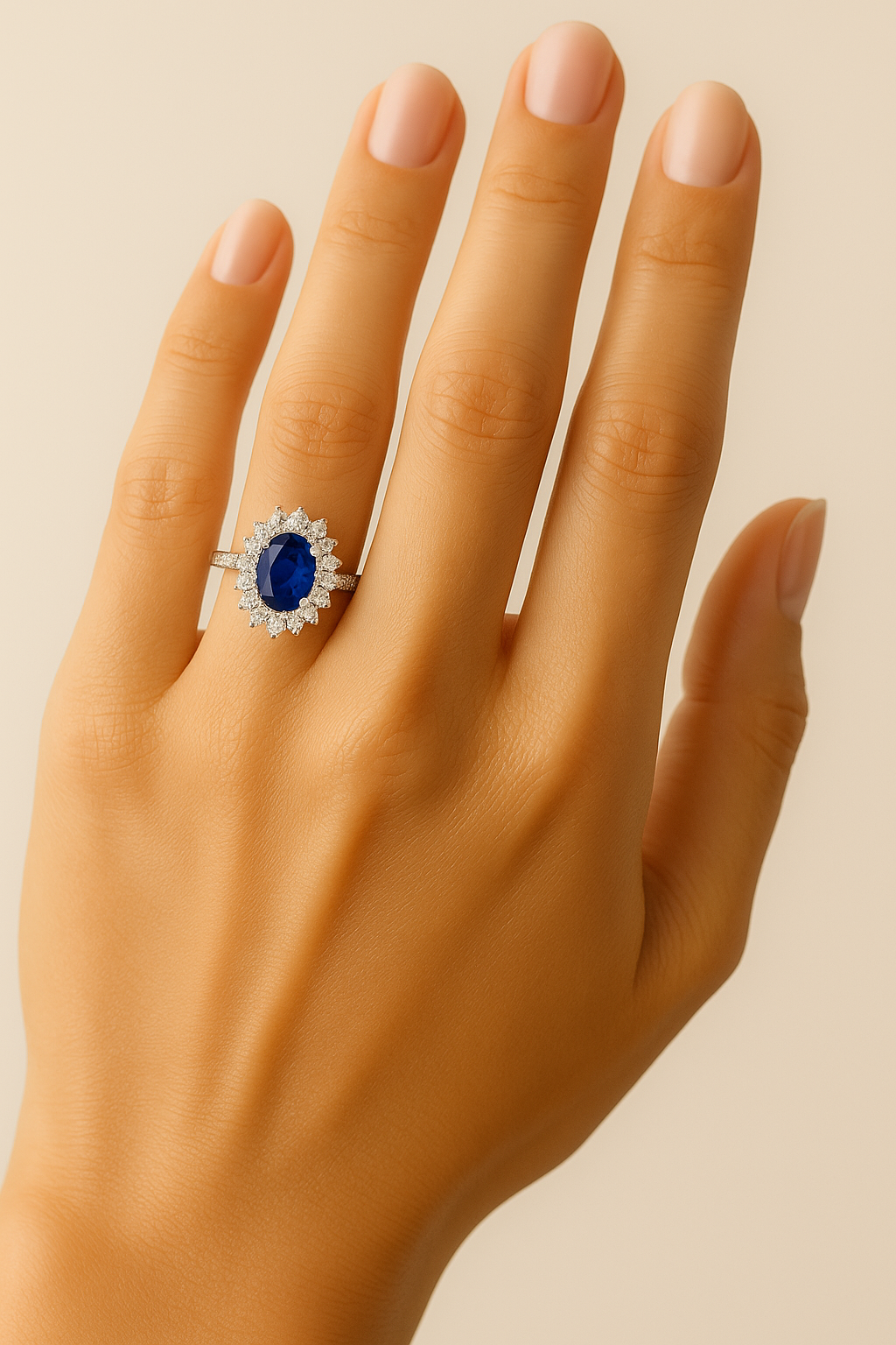 Oval Sapphire (5x4mm) Ring with Pointed Diamond Halo and Band Accents