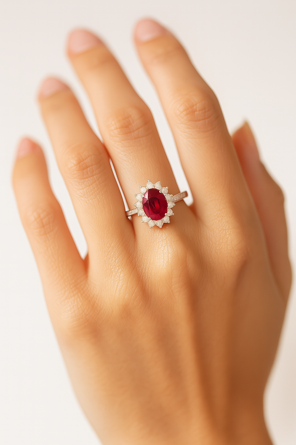 Oval Ruby (5x4 mm) Ring with Pointed Diamond Halo and Diamond-Set Band