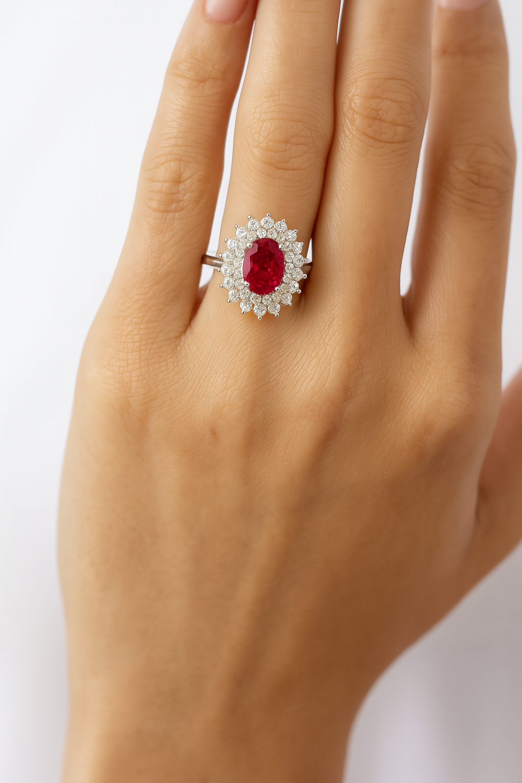 Oval Ruby (8x6 mm) Double Halo Ring with Pointed Diamonds