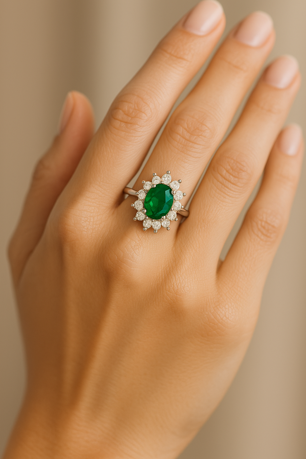 Oval Emerald (6x4 mm) Ring with Pointed Diamond Halo