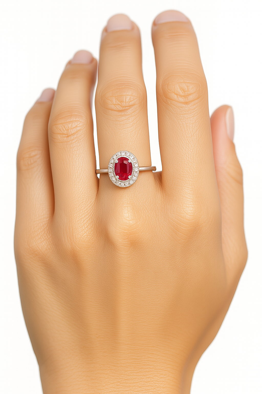 Oval Ruby (5x4 mm) ring with Round Diamond Halo