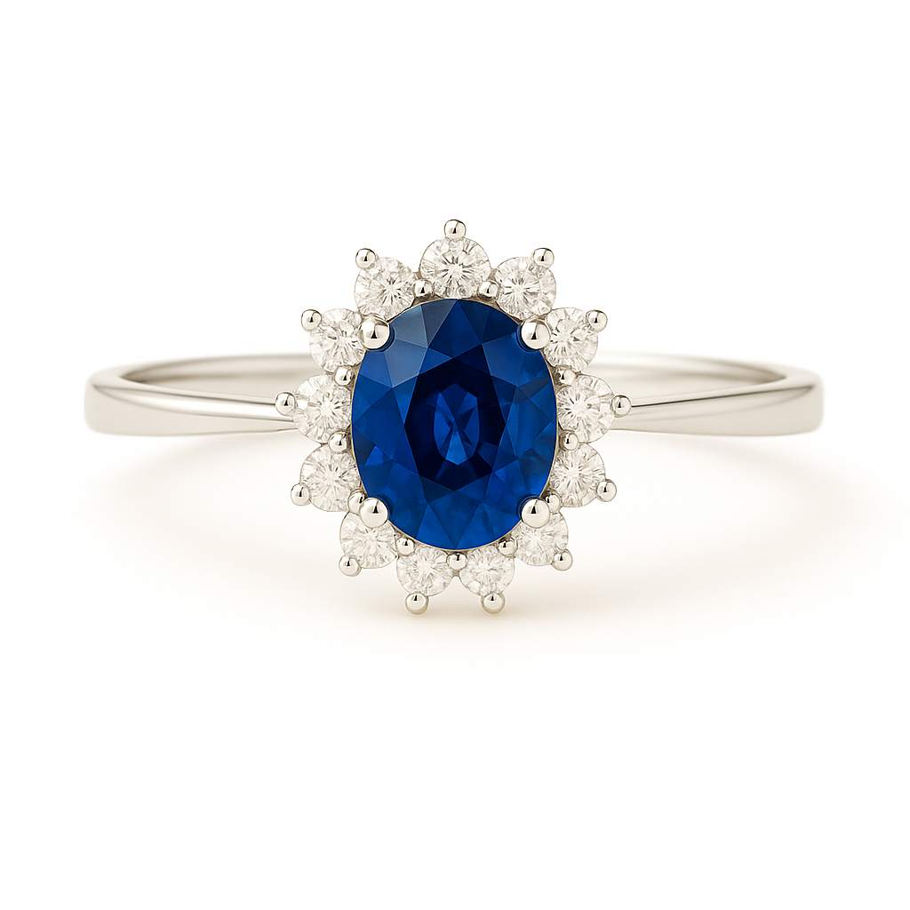 Oval Sapphire (6x5 mm) ring with Pointed Diamond Halo