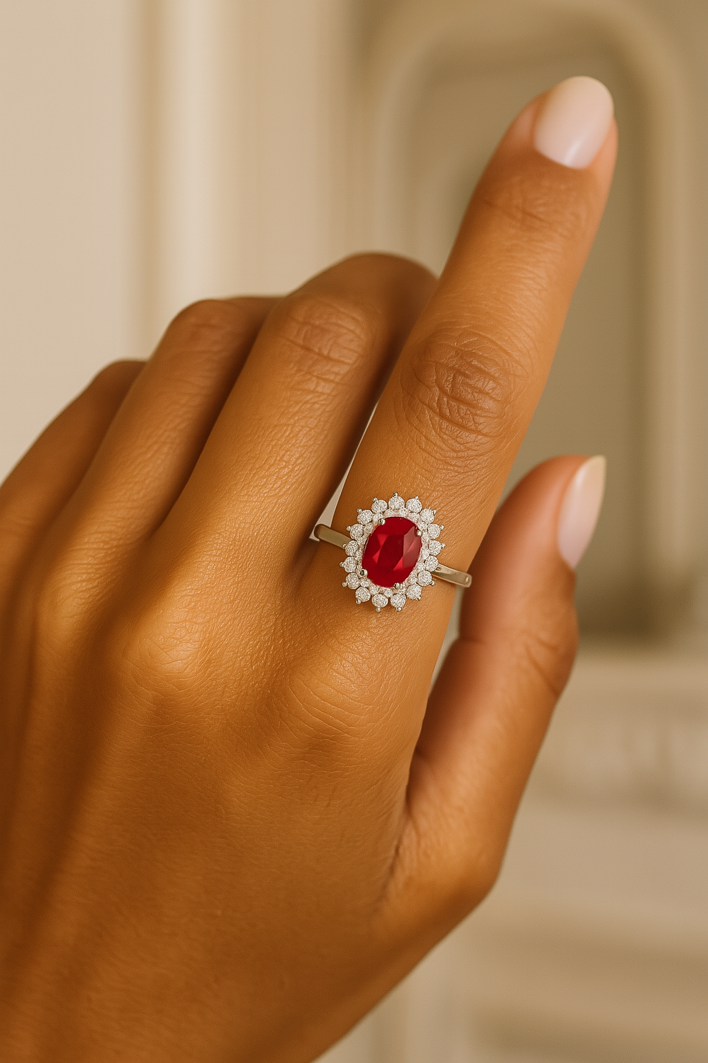 Regal Ruby Halo Ring – Oval Ruby (7x5 mm) with Double Diamond Layers