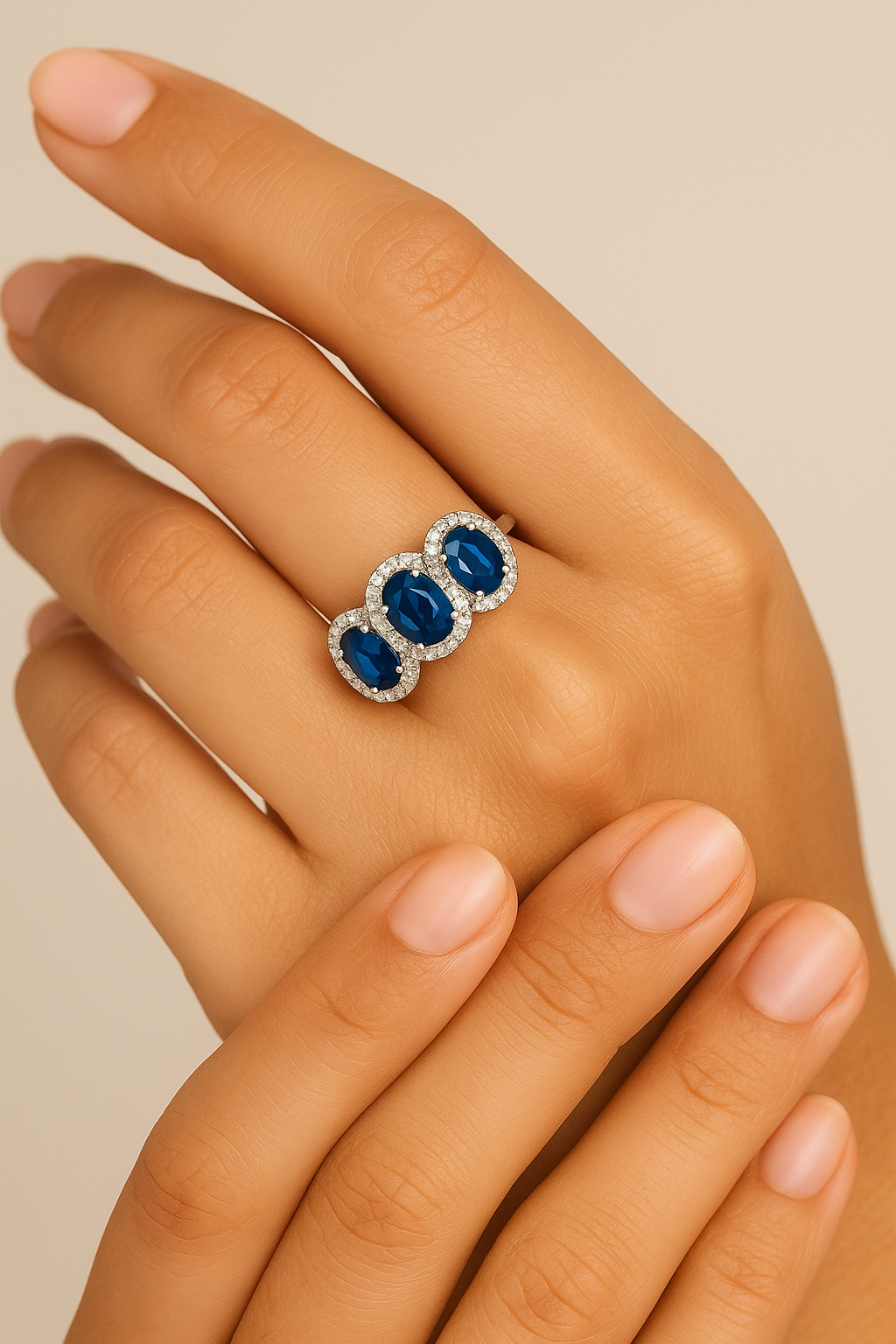 Triple Sapphire Elegance Ring – Oval 5x4 mm with Diamond Halos