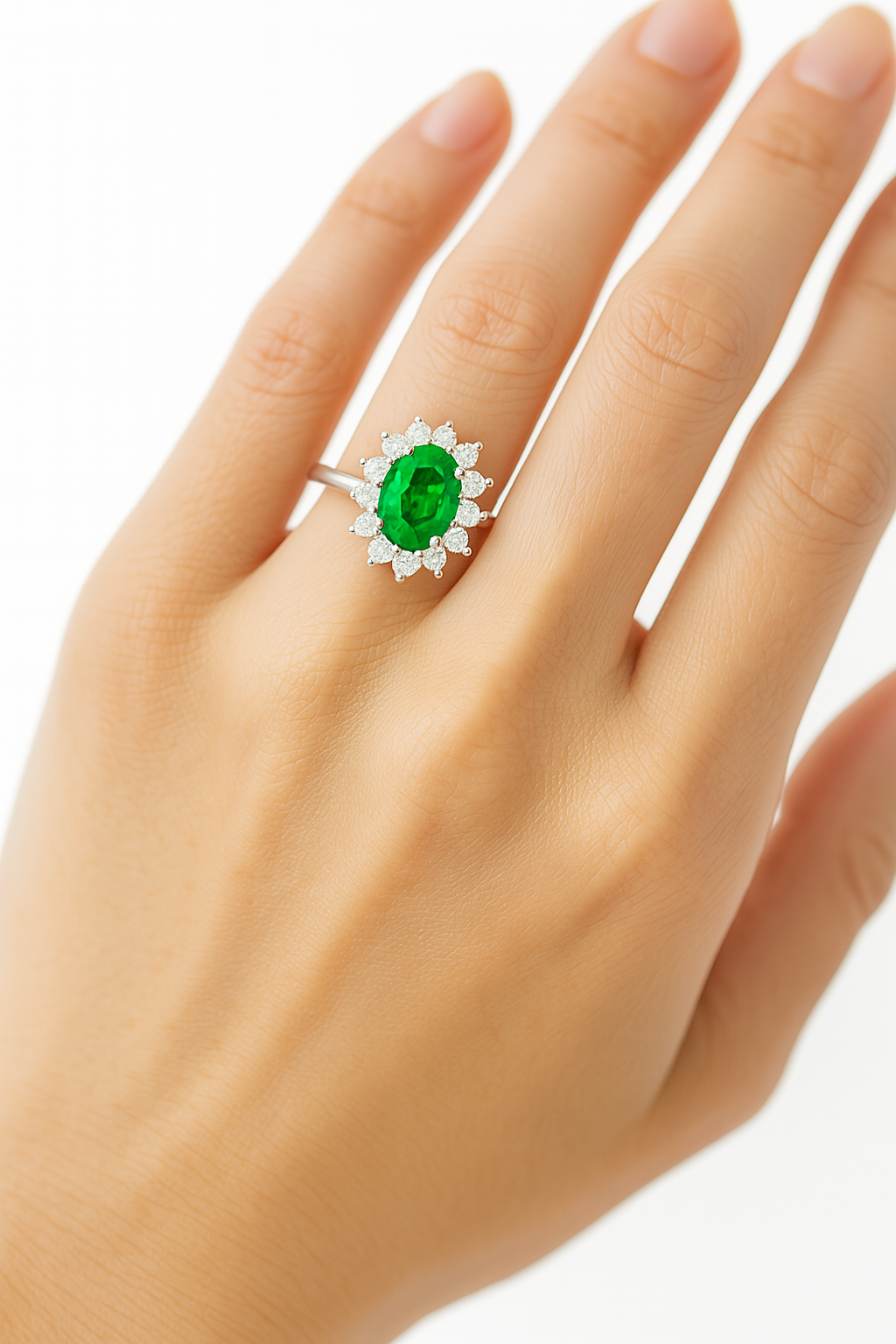 Petite Oval Emerald Ring – 5x4 mm with Pointed Diamond Halo